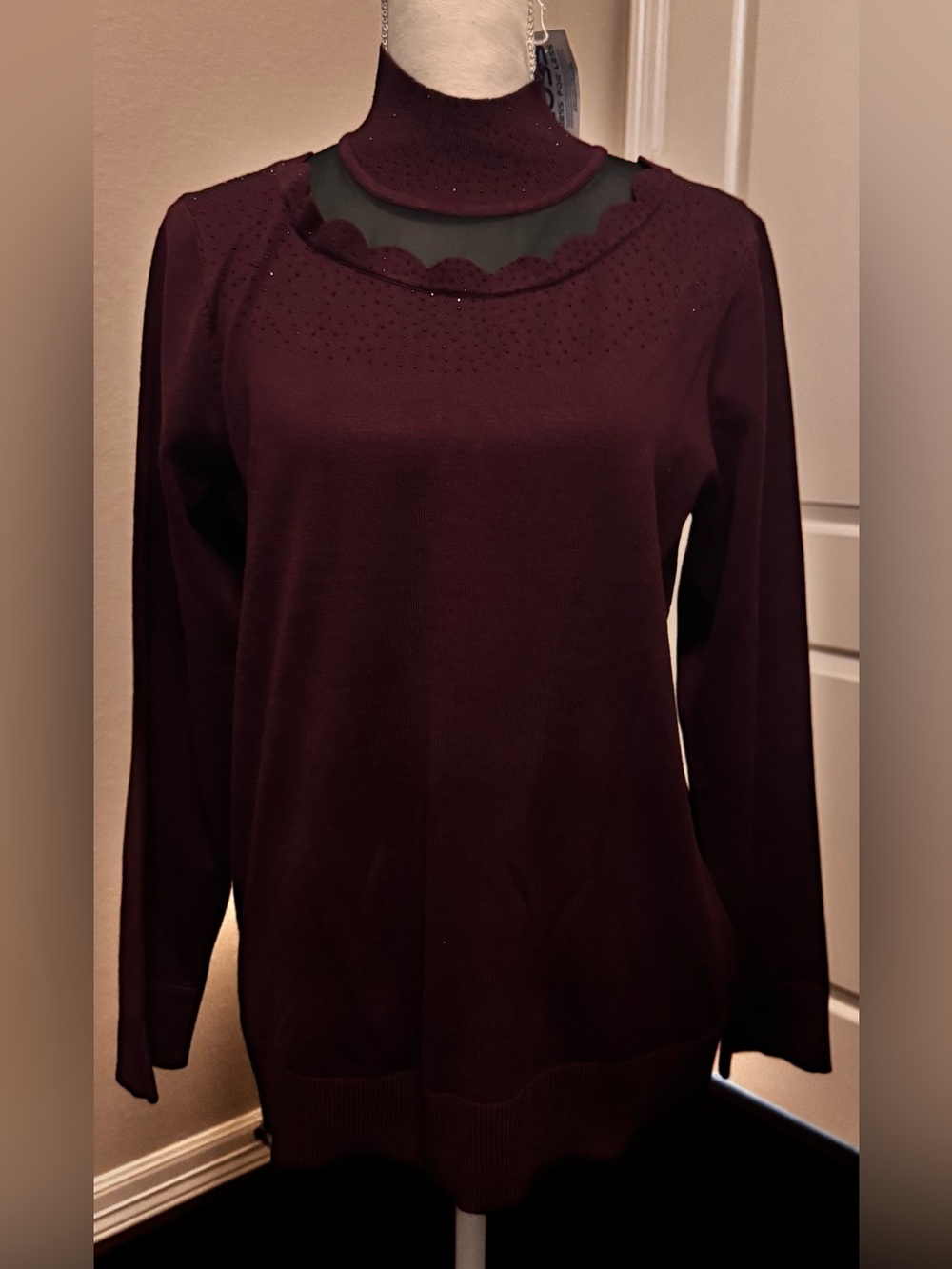 Cable & Gauge Women's Burgundy Knit Mock Neck Long Sleeve Sheer Yoke Sweater XL